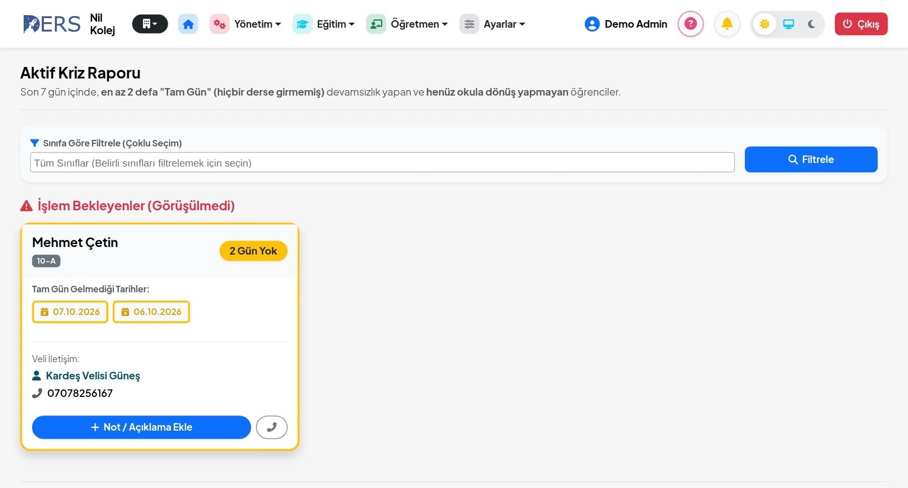 Kritik devamsızlık raporu: son günlerde tam gün gelmeyen öğrenciler