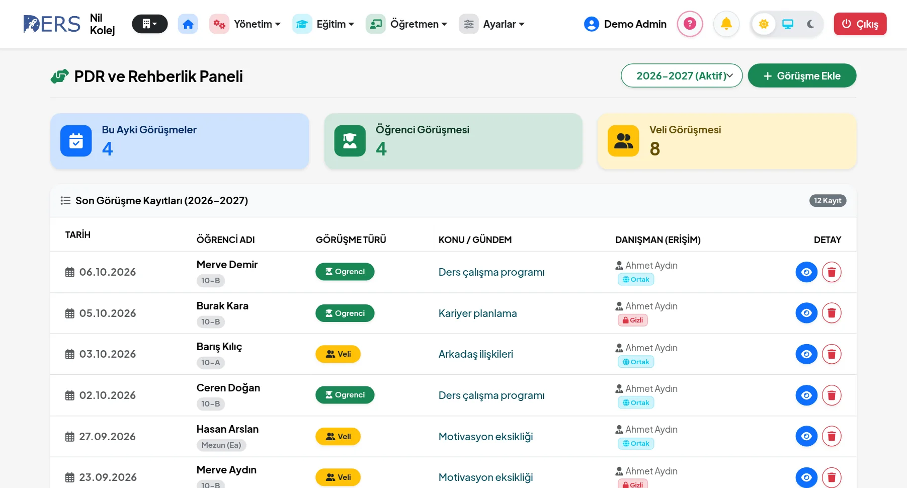 Rehberlik paneli: öğrenci ve veli görüşme kayıtları