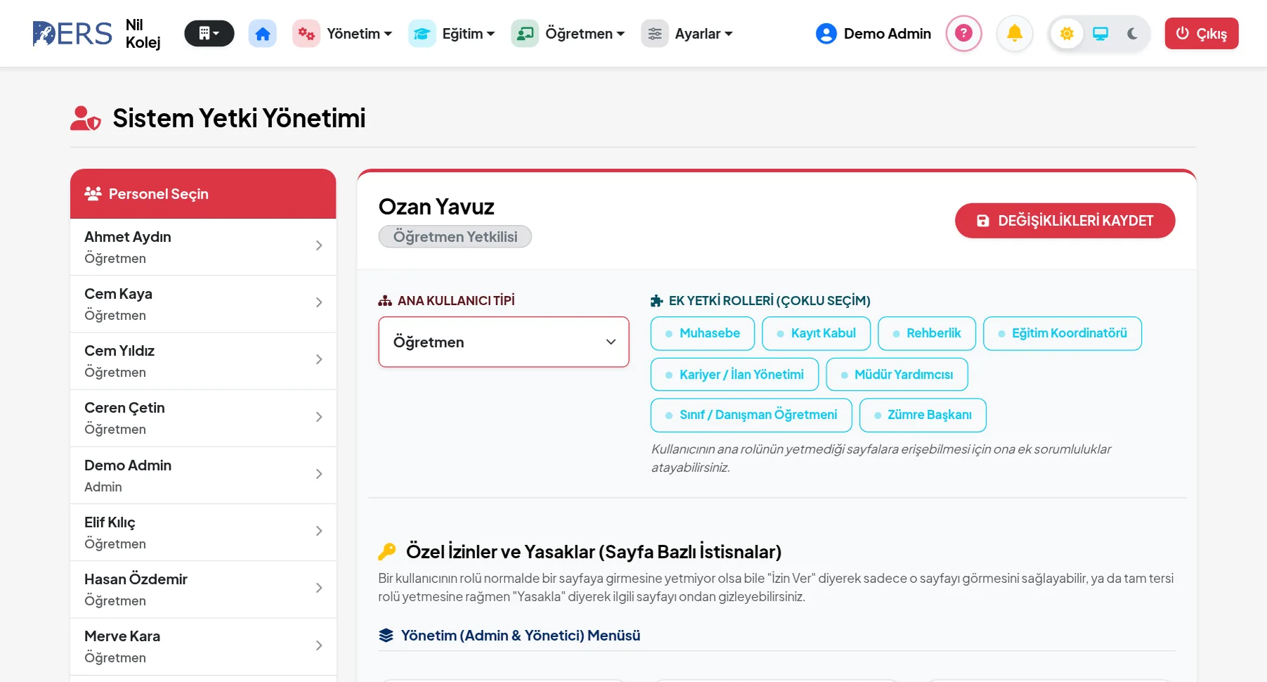 Personel yetki yönetimi: ana rol, ek roller ve sayfa bazlı izinler